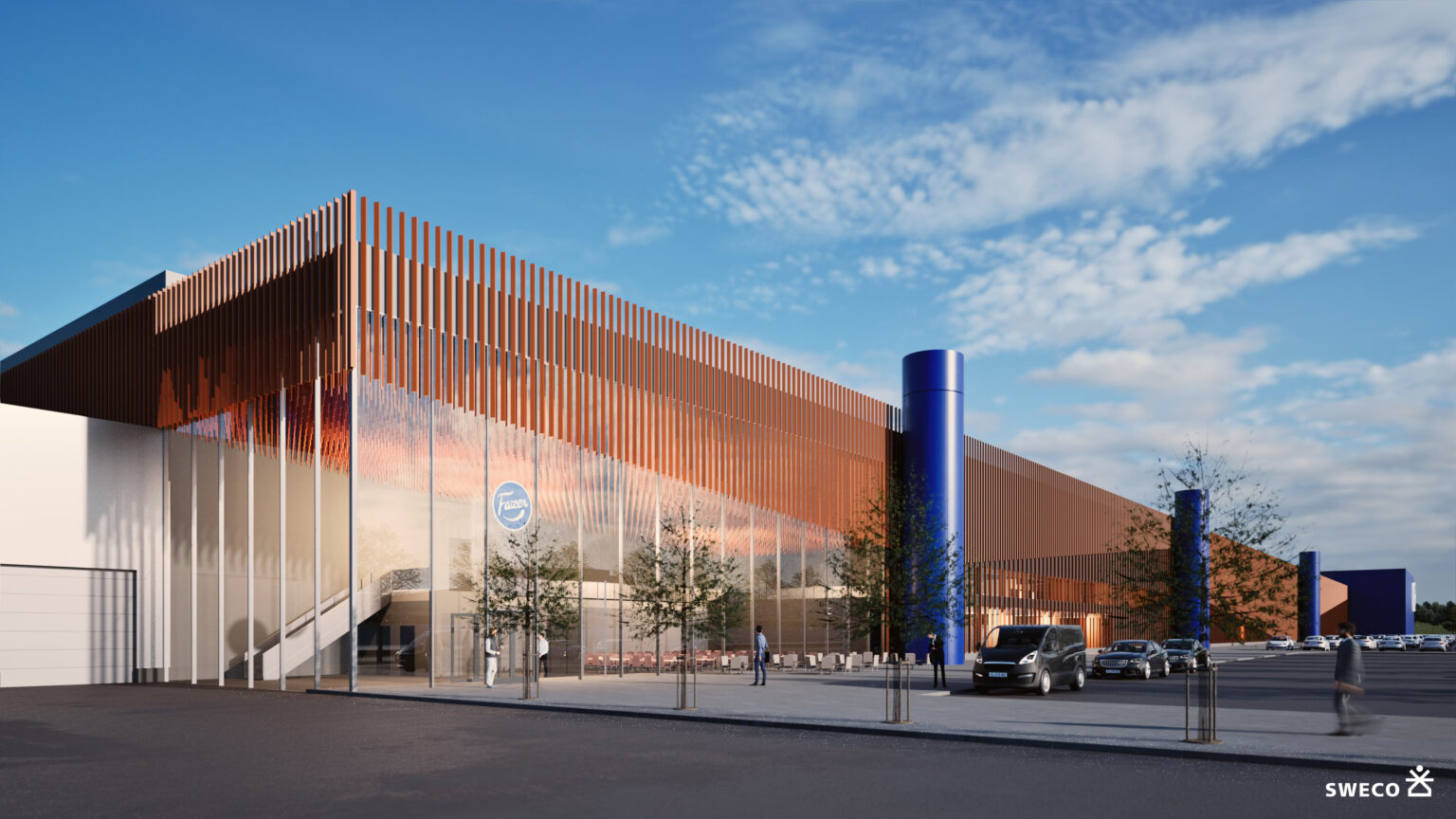 Architectural visualisation of Fazer's new confectionery factory, with a timber-screened facade.